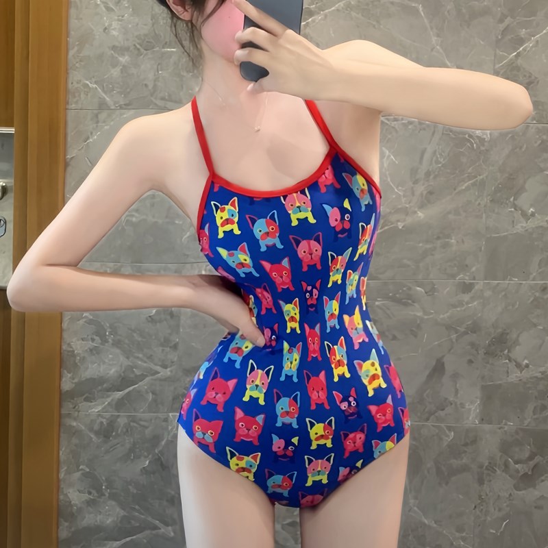 竞速泳衣女款卡通印花专业训练紧身连体三角游泳馆学生少女游泳装