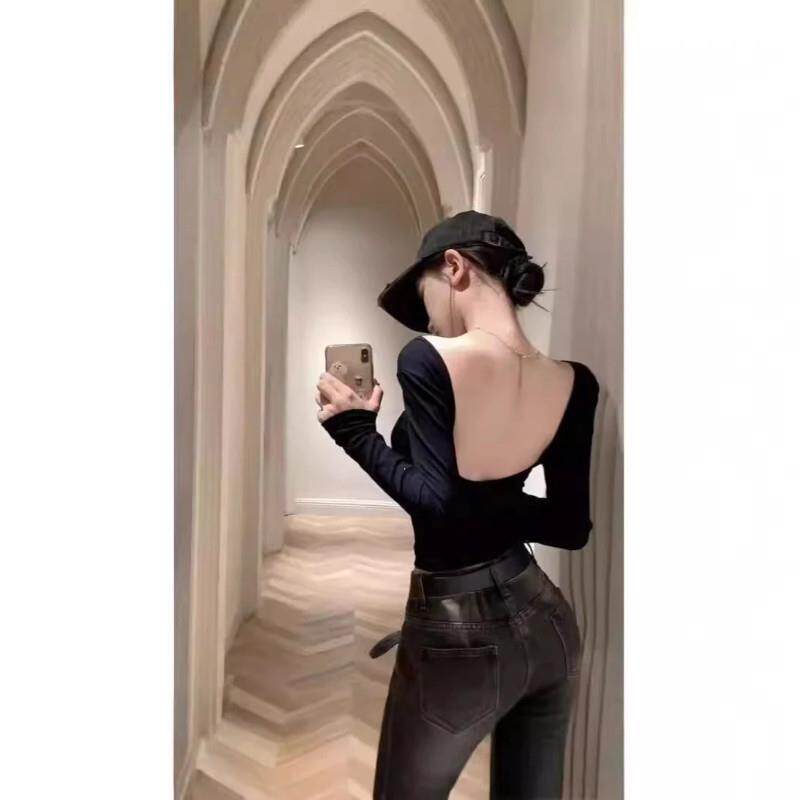 红学馆欧美风性感露背长袖修身T恤女U领打底衫R显瘦带胸垫带防滑