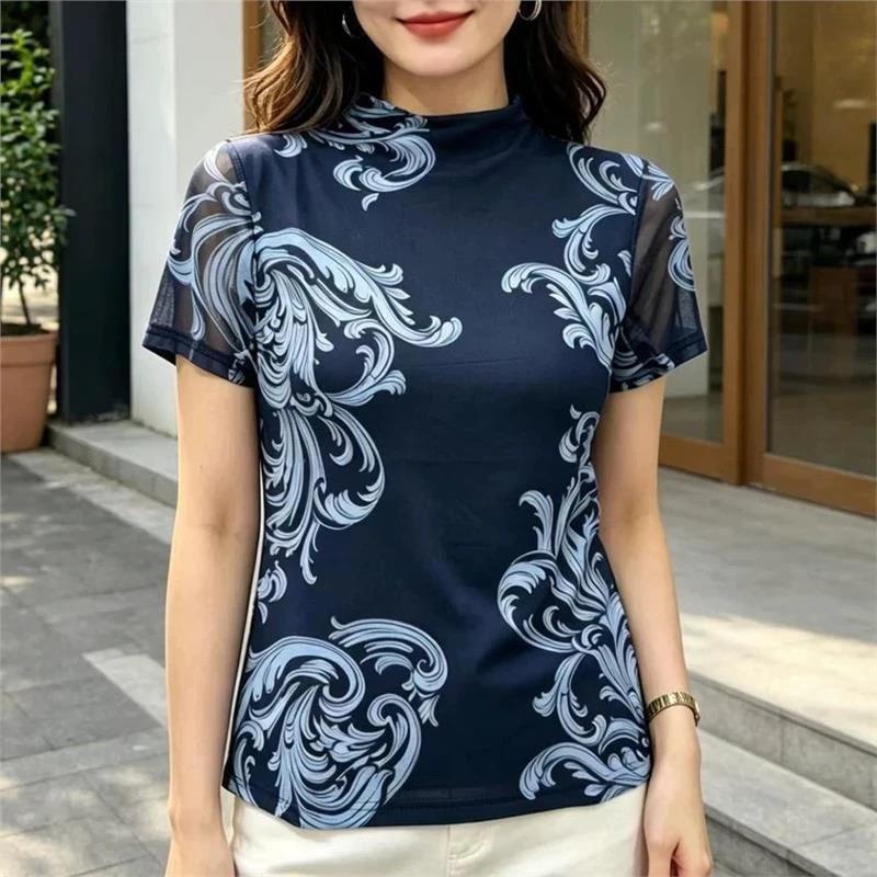耀芸尚精选铺深蓝色浪涛半高领时短袖T恤新款网纱上衣女款夏百搭