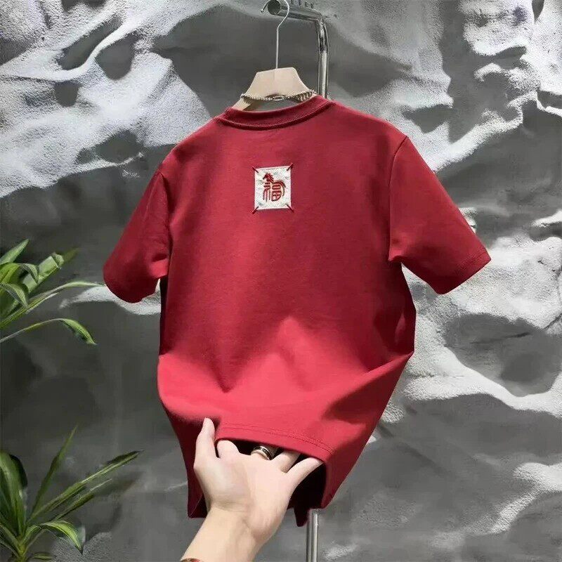 嘉意侬短袖男士潮流百搭简约红色短袖T恤高级感休闲圆领内搭上衣