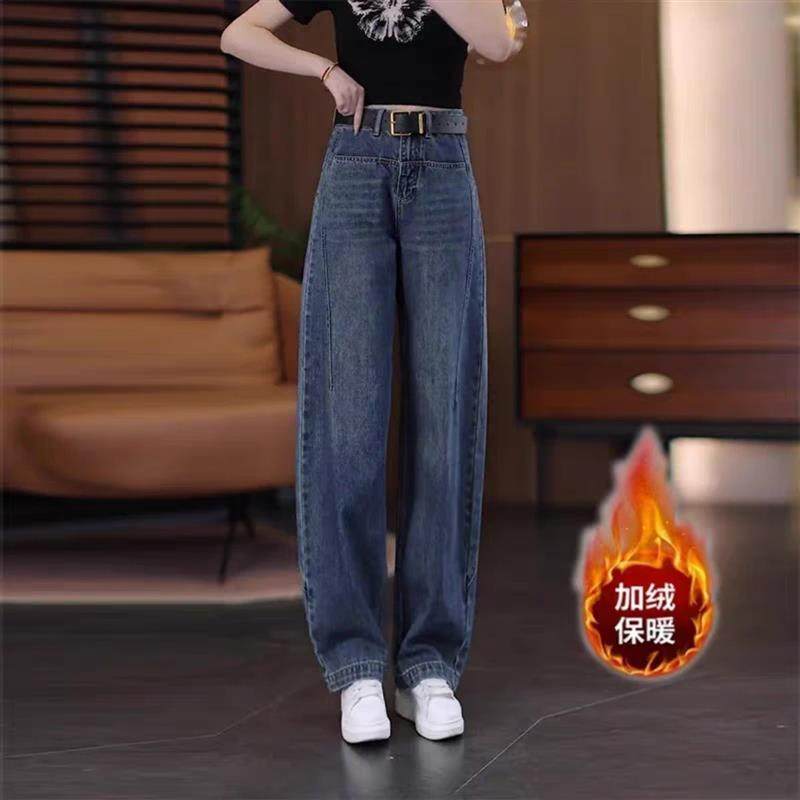 天泽华丽高端女装复古蓝加绒弯刀牛仔裤女秋冬宽松显瘦阔腿裤子