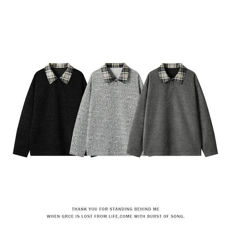 创风啓晟专卖黑色满天星针织polo衫男秋冬加绒加厚格子卫衣外套