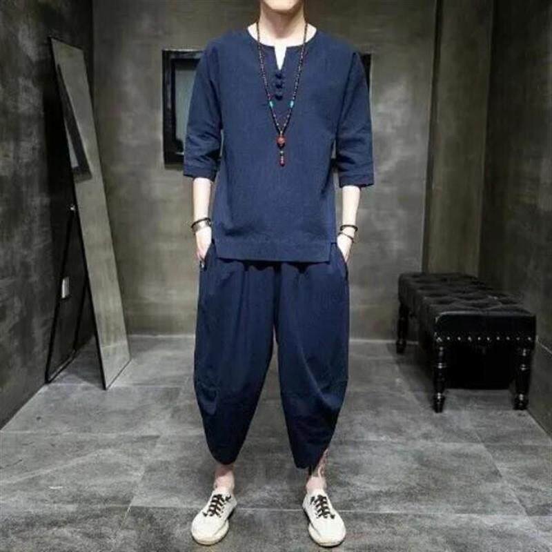 VINSAME3亚麻男短袖t恤中国风男装中式棉麻套装佛系唐装汉服禅服