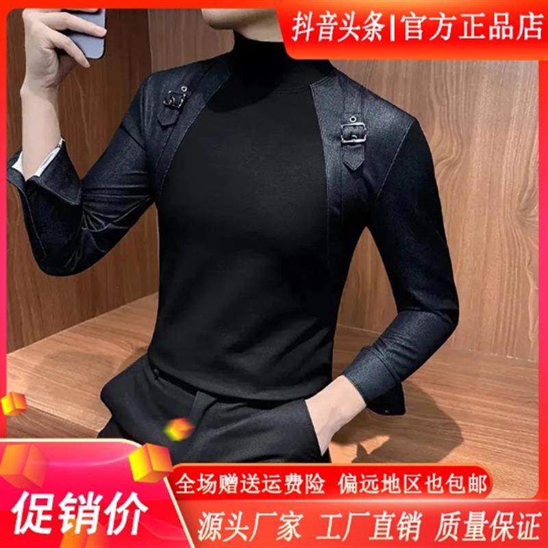 双十二FZ轻奢服饰牛仔r背带设计半高领硬汉风痞帅高级感男士打底