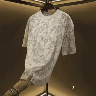 韓版 昆明林林服裝 店夏季 高級感男裝 T恤百搭 X撞色暗紋提花圓領短袖