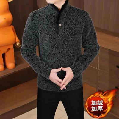 桑榆良品男士冬季新款加绒加厚厚棉T毛毛领长袖厚棉T潮流休闲时尚