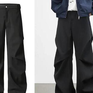 塔垭精选轻奢店美式宽松阔腿拖地微喇垂I感休闲裤黑R色褶皱西裤男