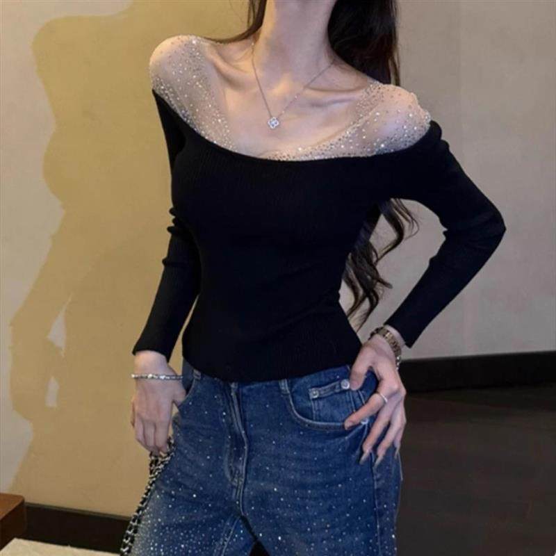 沫倾言磨毛加厚重工烫钻一字肩长袖T恤女秋冬新款显瘦露肩上衣潮,女装/女士精品,T恤,淘宝优惠券,粉丝福利购,淘宝优惠卷