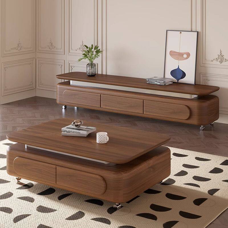 新胡桃色中古风实木茶几简约现代小户型客厅电视柜茶几组合储物柜