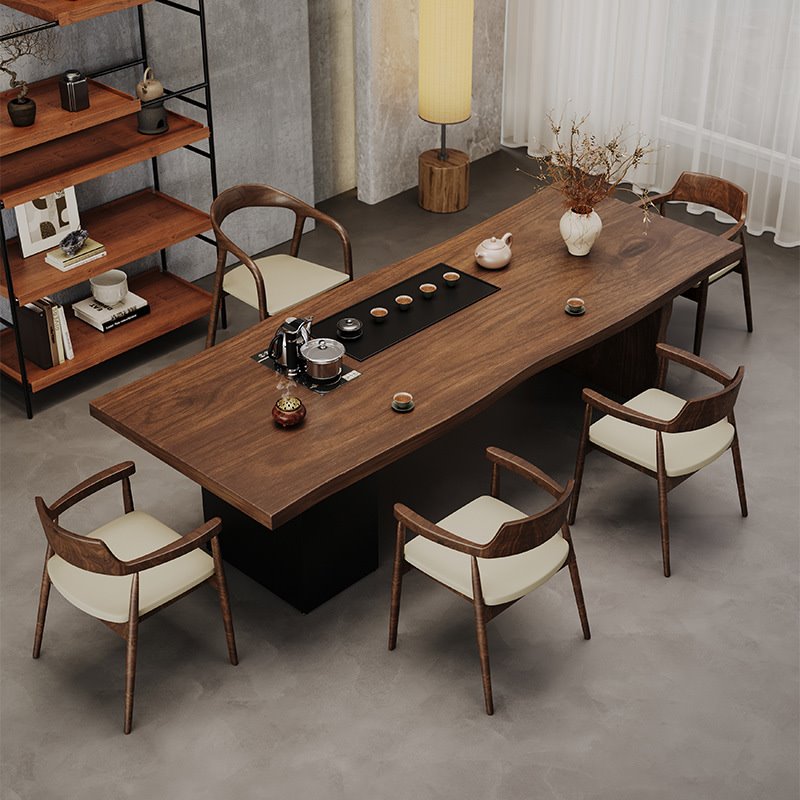 新中式实木茶桌椅组合原木大板一体嵌入式茶台简约办公客厅泡茶桌