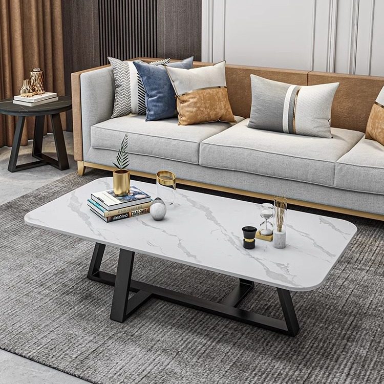 北欧简约铁艺茶几客厅家用样板房小户型轻奢现代长方形岩板茶几