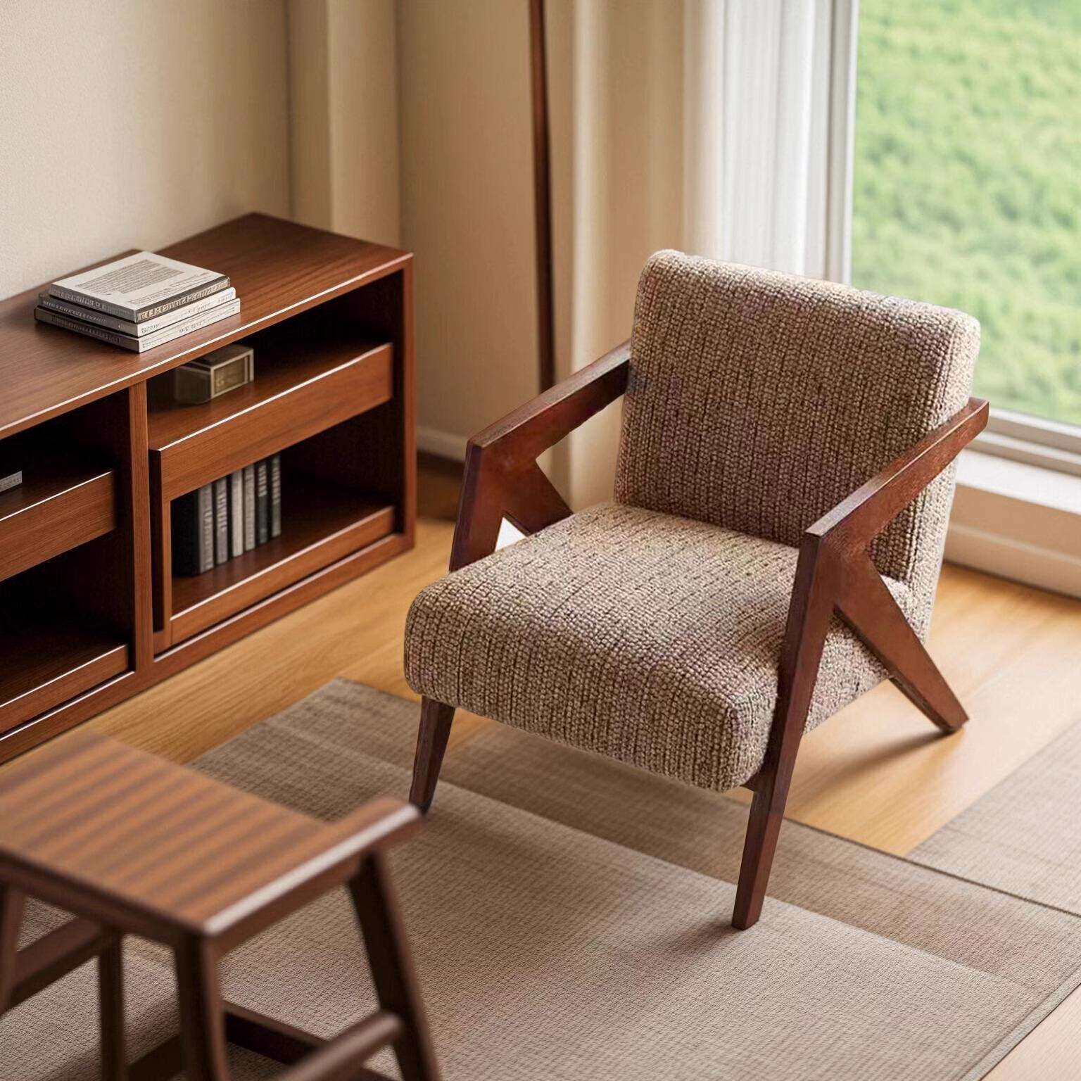 中古风单人沙发椅设计师客厅阳台酒店复古飞机椅实木沙发椅休闲椅