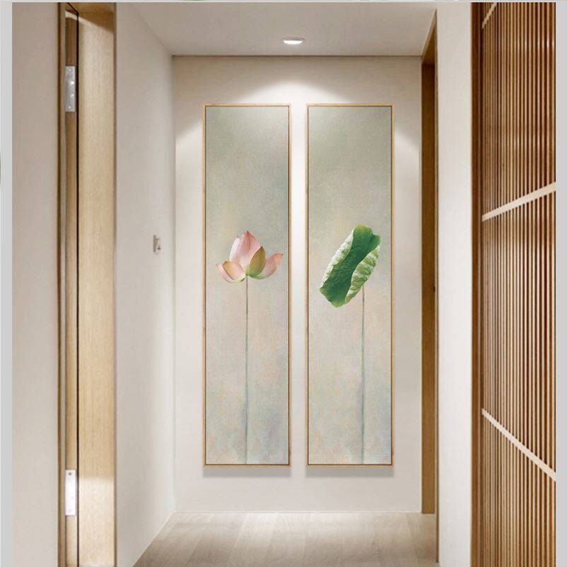 新中式长条墙面装饰莲花挂画禅意荷花装饰画茶室玄关背景墙画竖版