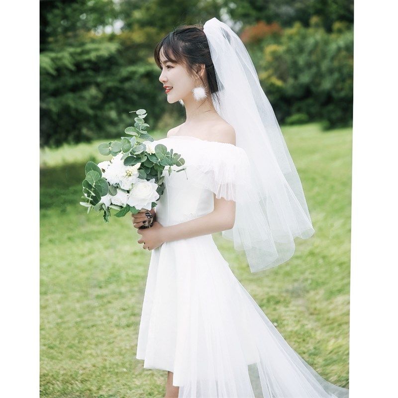 【白小仙】旅拍轻婚纱2021新款夏季吊带短款一字肩两穿可拆卸拖尾