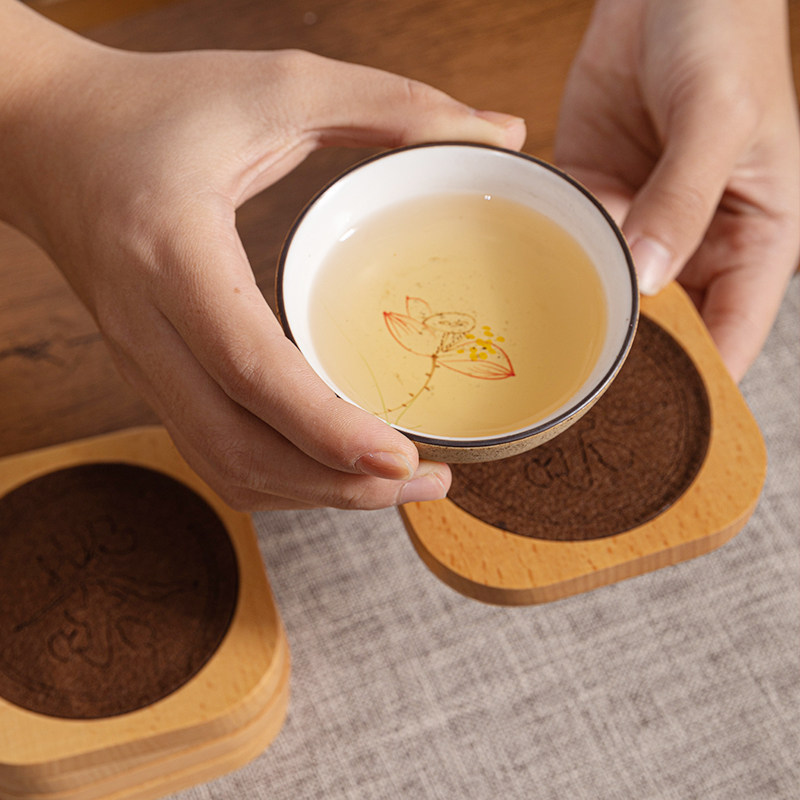 中式紫砂功夫茶杯垫 胡桃木实木茶道杯托 定制毛毡吸水杯垫组合