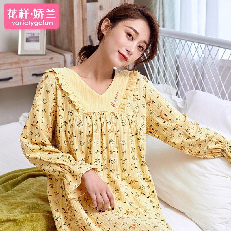 全棉秋冬睡裙女士厚款棉长袖宽松大码中长款睡衣裙女冬季纯棉睡袍