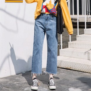 直筒宽松牛仔裤女破洞阔腿复古港味原宿风显瘦学生樱田川岛裤加绒