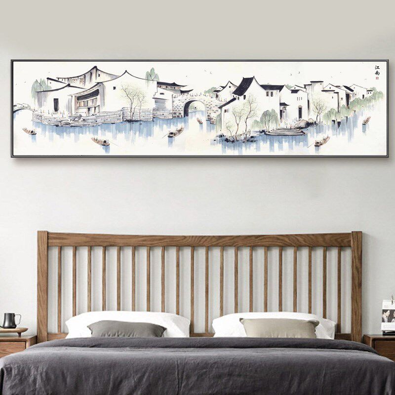 江南水乡装饰画新中式卧室床头挂画客厅办公室山水画茶室民宿壁画