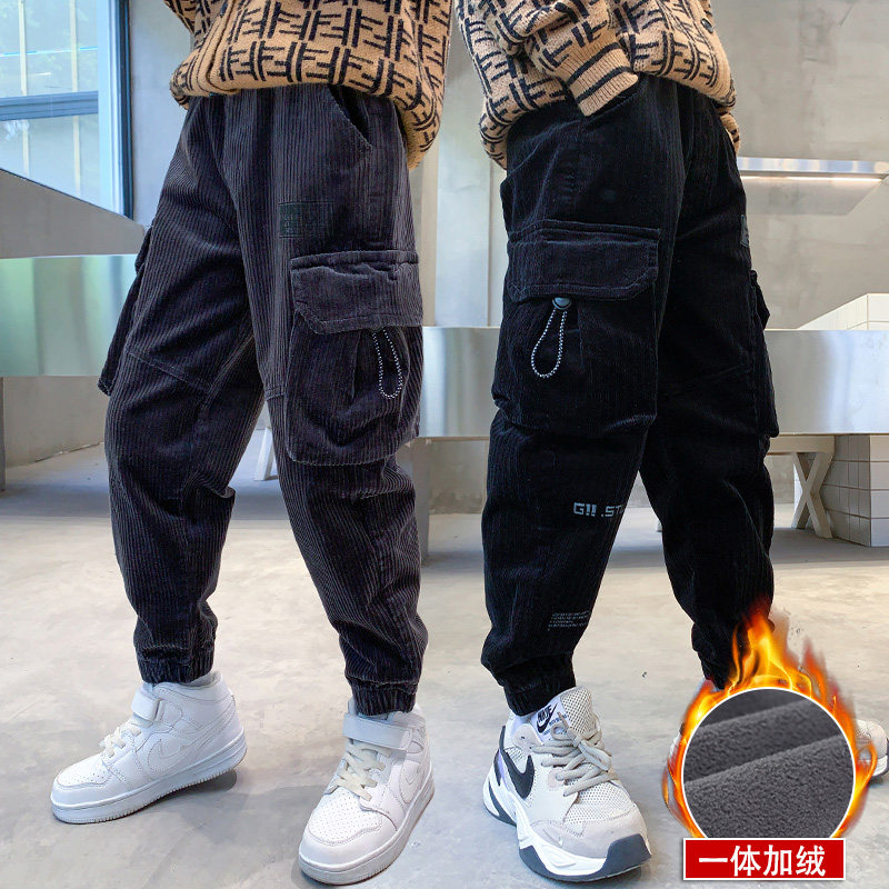 男童加绒裤子秋冬灯芯绒休闲工装裤中大童条绒宽松加厚一体绒长裤