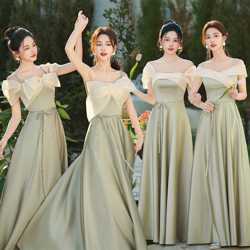 伴娘服女2024年新款秋冬缎面绿色连衣裙日常可穿成人礼毕业礼服