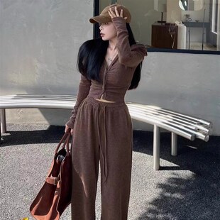 韩国秋装洋气时髦修身短款上衣女配垂感针织休闲阔腿裤套装小个子