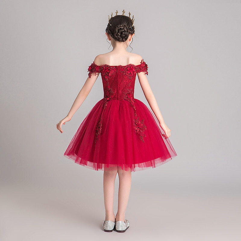 一字肩儿童礼服公主裙女童红色小女孩花童主持人钢琴演出服短款夏