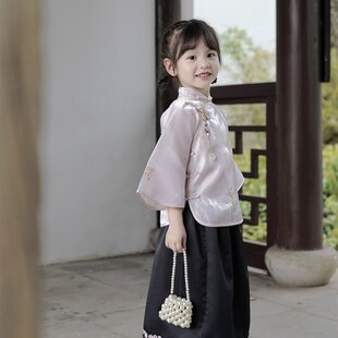 女童民国风旗袍粉色倒大袖传统文艺范儿童国风盘扣上衣筒裙表演服