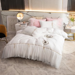 冬天白色双面绒床上四件套公主风蕾丝边被套冬季加绒珊瑚绒床裙款