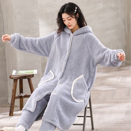 珊瑚绒睡衣女秋冬季加绒加厚睡袍可爱卡通法兰绒浴袍长款连帽睡裙
