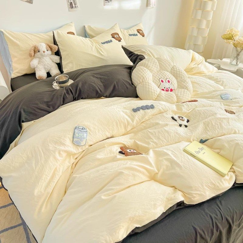 卡通动漫可爱毛巾绣四件套少女心水洗棉床单床笠学生宿舍床三件套