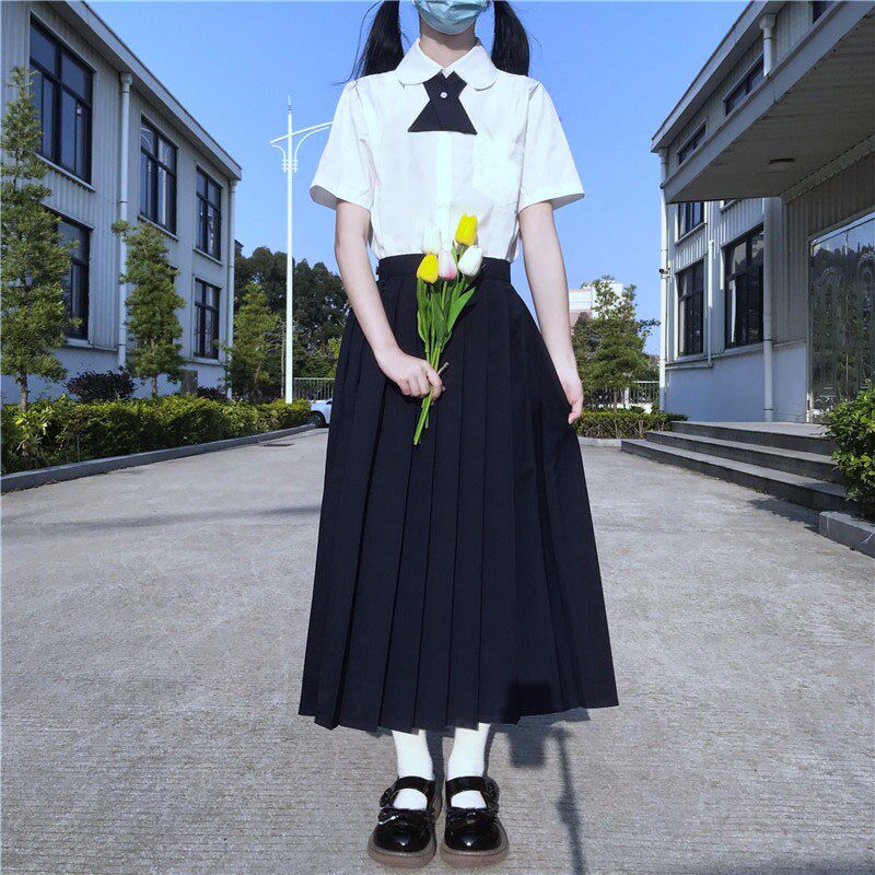 学生jk衬衫中长款百褶半身裙长裙套装大码班服短袖学院风制服女夏