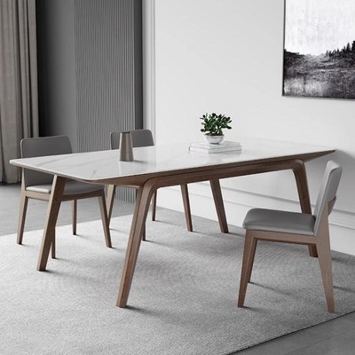 北欧简约帆船实木岩板餐桌全托底板复古餐桌长方形1.4米8人餐桌椅