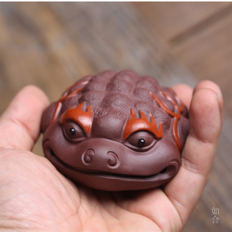 如合 招财火焰三脚金蟾摆件手工茶宠茶玩摆设宜兴紫砂朱泥手把玩