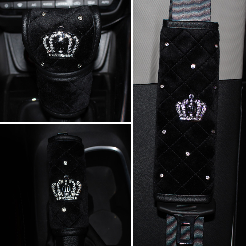 冬季毛绒镶钻皇冠手刹套排挡套安全带护肩套头枕靠枕抱枕方向盘套