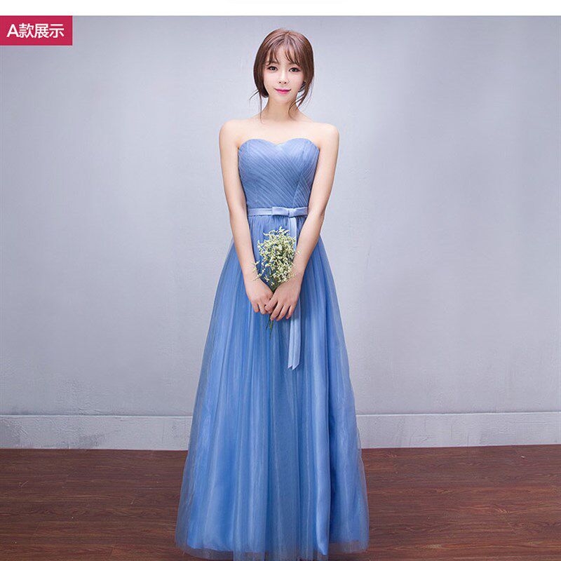 新款伴娘服合唱修身主持裙晚礼服一字肩长款表演蓝色姊妹服伴娘团