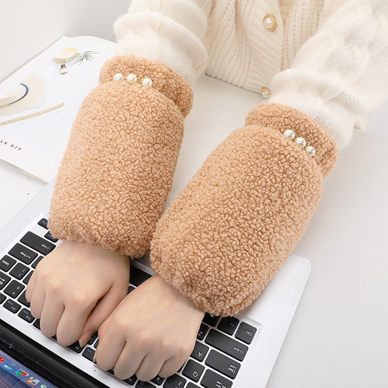 枣红色袖套女士羽绒服护袖冬季加厚羊羔毛绒时尚珍珠套袖短款袖头