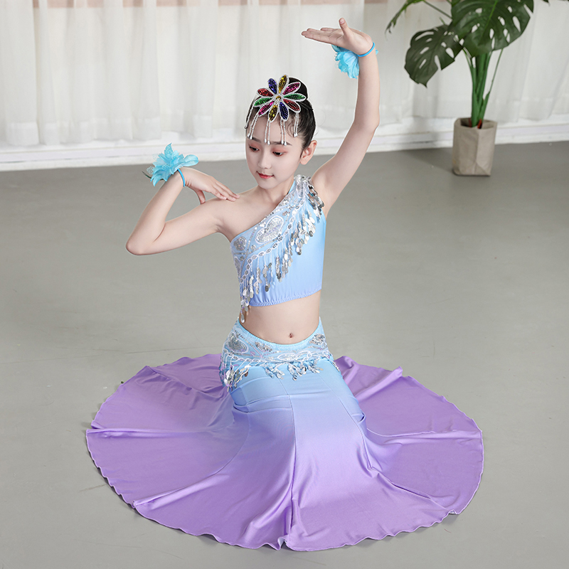 新款儿童傣族舞蹈演出服女童傣族孔雀舞包臀鱼尾裙少儿民族表演服