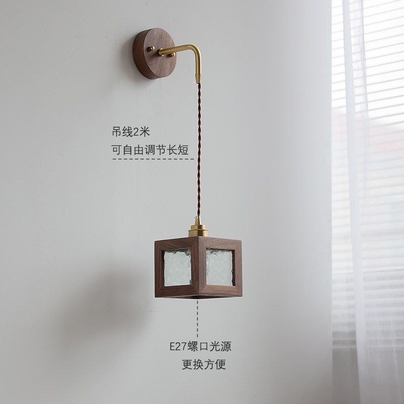 北美黑胡桃木壁灯复古床头民宿酒店海棠花玻璃背景墙木质吊线壁灯
