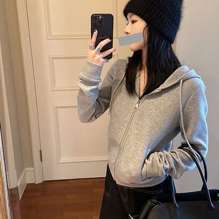 连帽短款卫衣开衫灰色外套女秋冬2024新款爆款加绒小个子长袖上衣