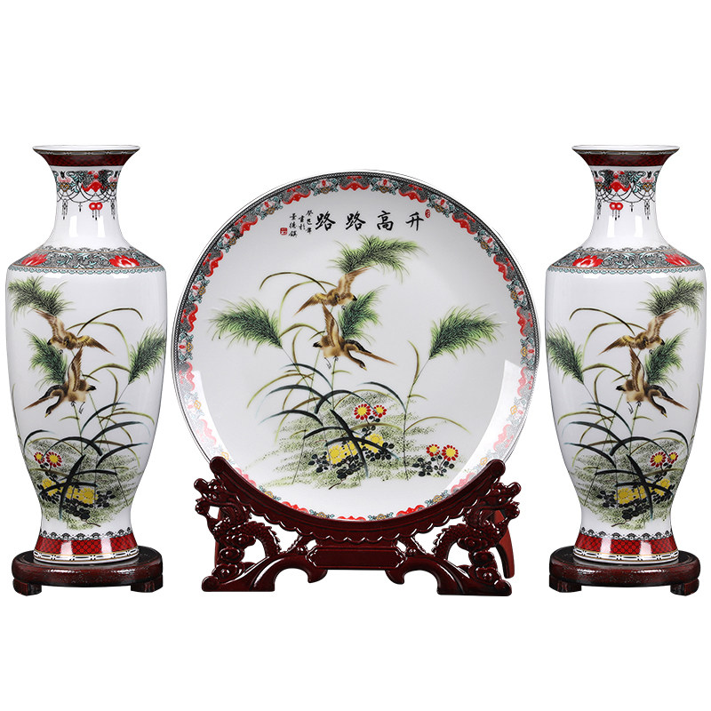 陶瓷花瓶三件套摆件中式家居客厅办公室插花器景德镇装饰品工艺品