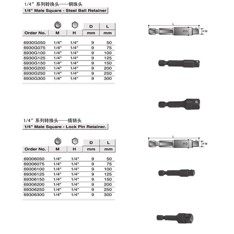 霹雳马套筒1/4*1/4*50 电-动转换头 69306050 6930G050