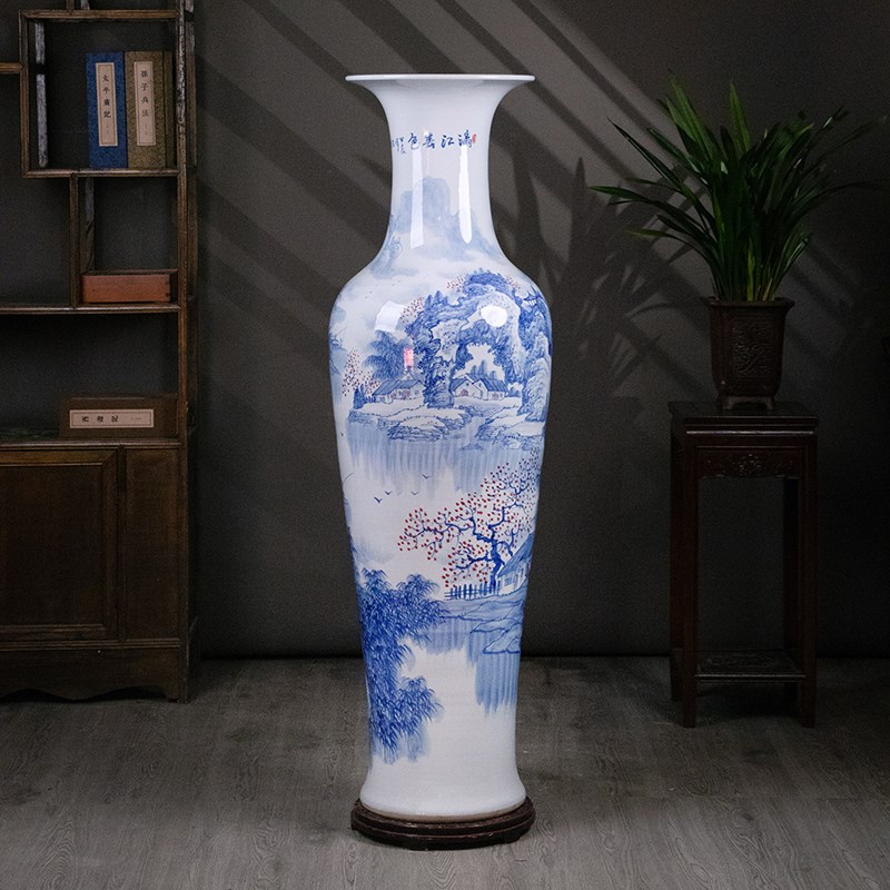 景德镇陶瓷手绘青花山水大花瓶客厅酒店公司开业落地摆件乔迁送礼