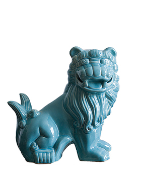 蓝色陶瓷狮子摆件工艺品新中式客厅书房家居软装饰品售楼处样板间