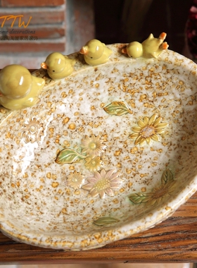 复古母子黄鸭盘  向日葵花纹陶瓷摆件 收纳庭院摆件