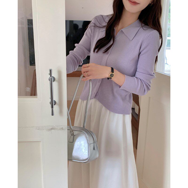 紫色POLO领针织开衫2025新款秋季薄款外搭翻领短款毛衣外套女春秋