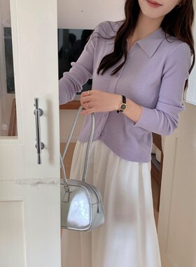 紫色POLO领针织开衫2025新款秋季薄款外搭翻领短款毛衣外套女春秋