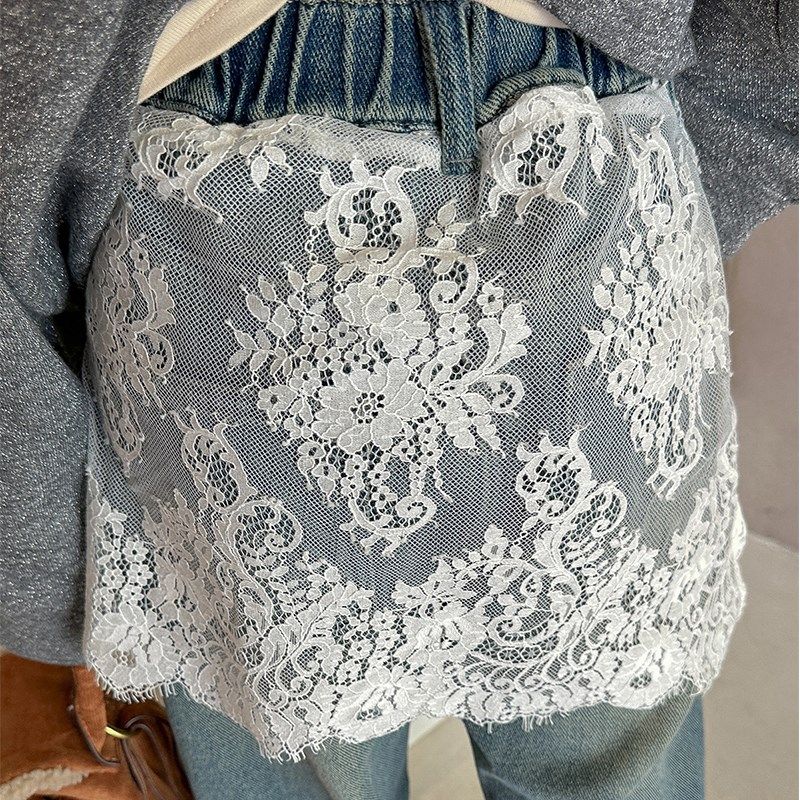 冬季童装女童蕾丝拼接加绒牛仔裤秋冬款裤子中大童直筒裤长裤百搭