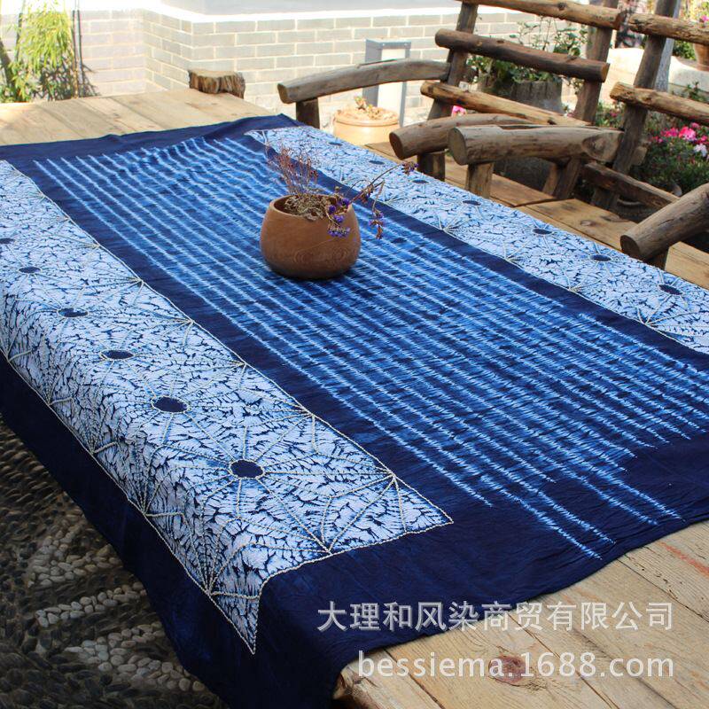 蓝言日式扎染刺子绣桌布长方形田园台布棉麻布艺厂家直销大理货源