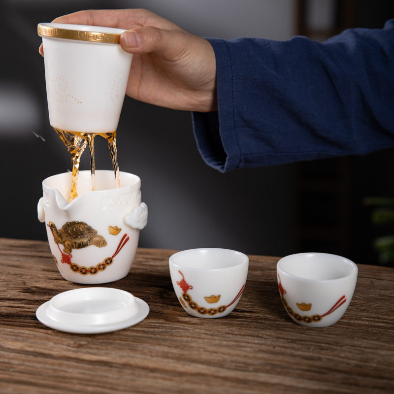 日式羊脂玉瓷白瓷快客杯一壶两杯陶瓷便携包高档户外旅行茶具套装