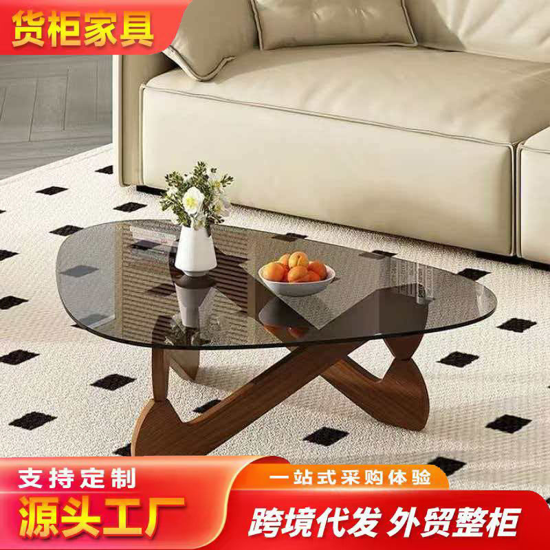 亚马逊跨境外贸玻璃茶几阳台客厅实木玻璃咖啡桌三角形异形茶几